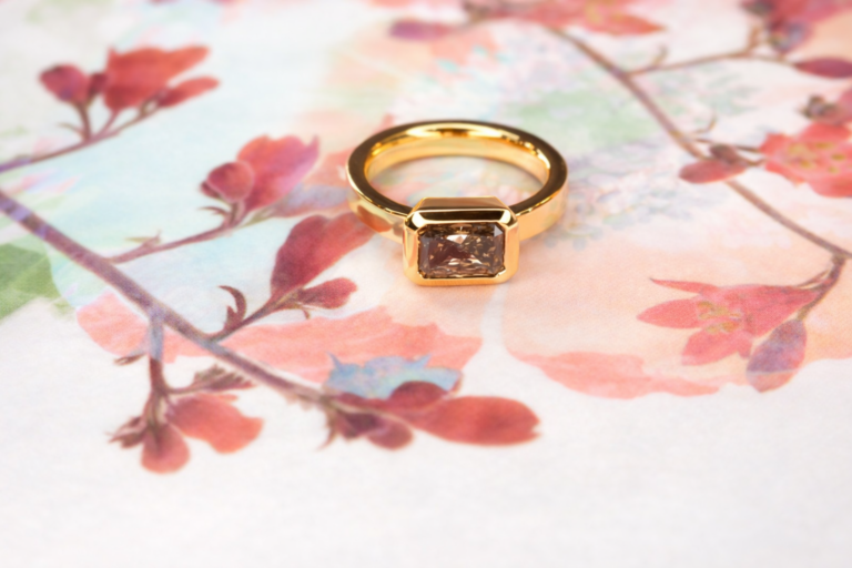 Handmade engagement ring fancy coloured diamond 18ct yellow gold